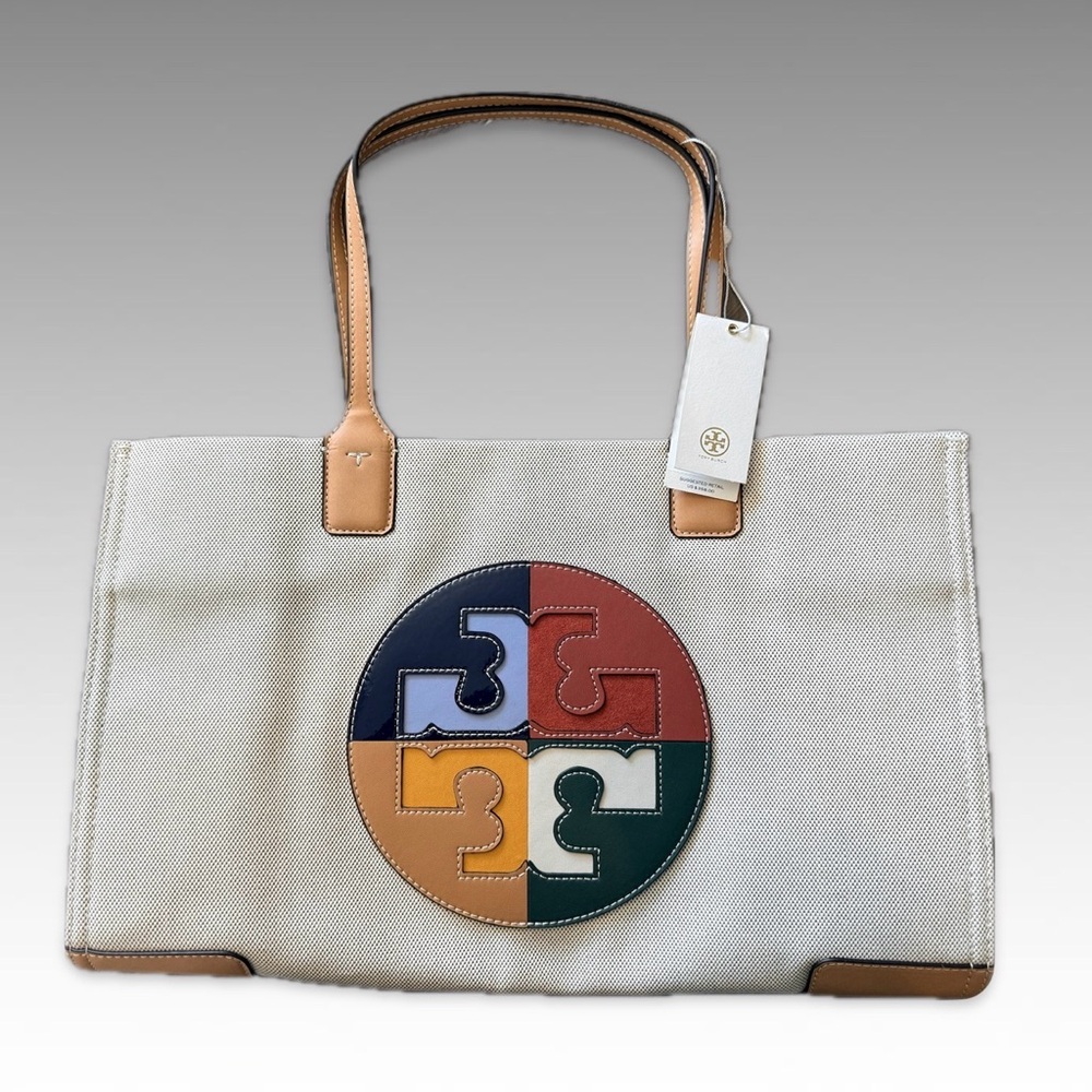 New ! Tory Burch Ella Tote Bag  Multi-COLOR Beige Large 17X13" canvas